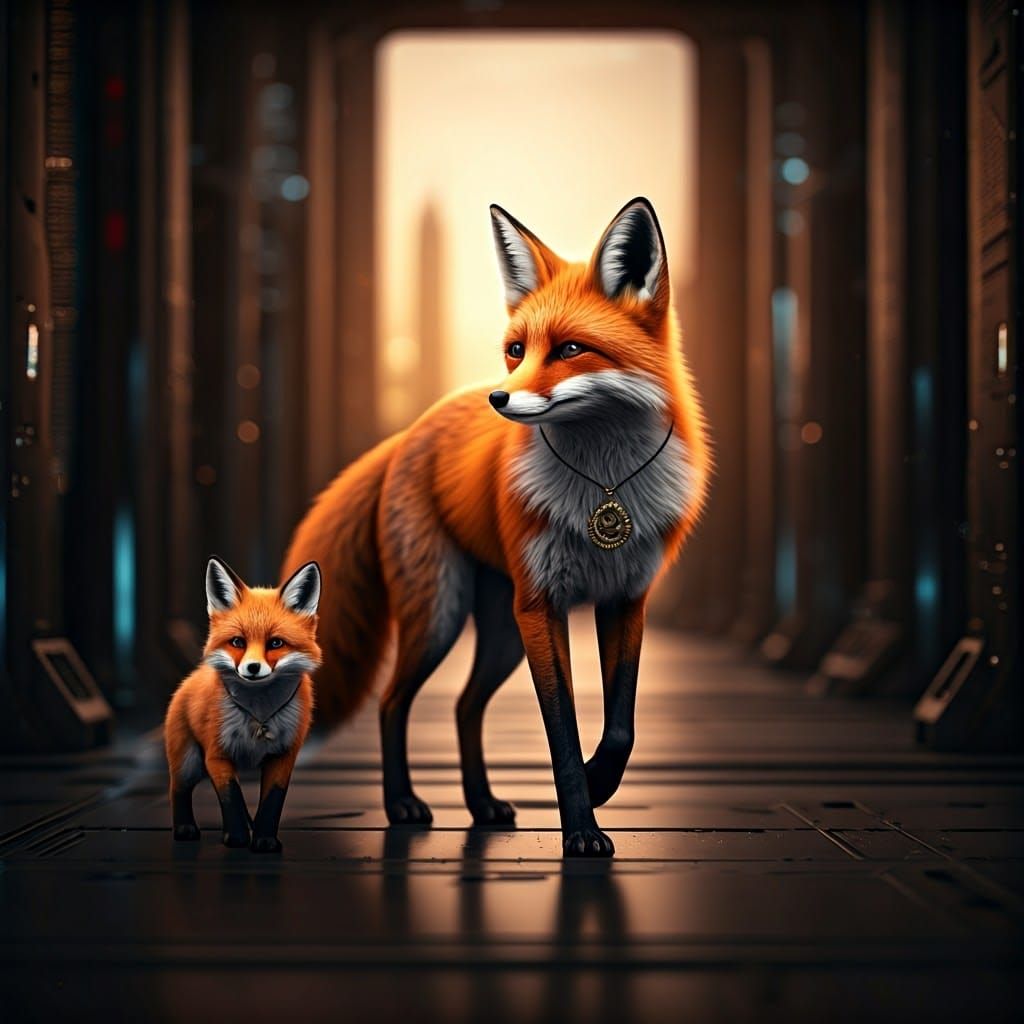 Fox Family in Sci-Fi Cityscape: 3D Render