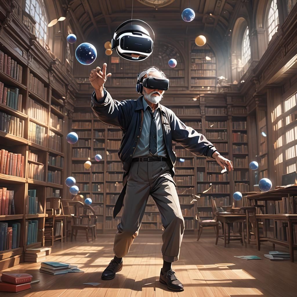 Old Man Dancing with VR Headset in Anime Style