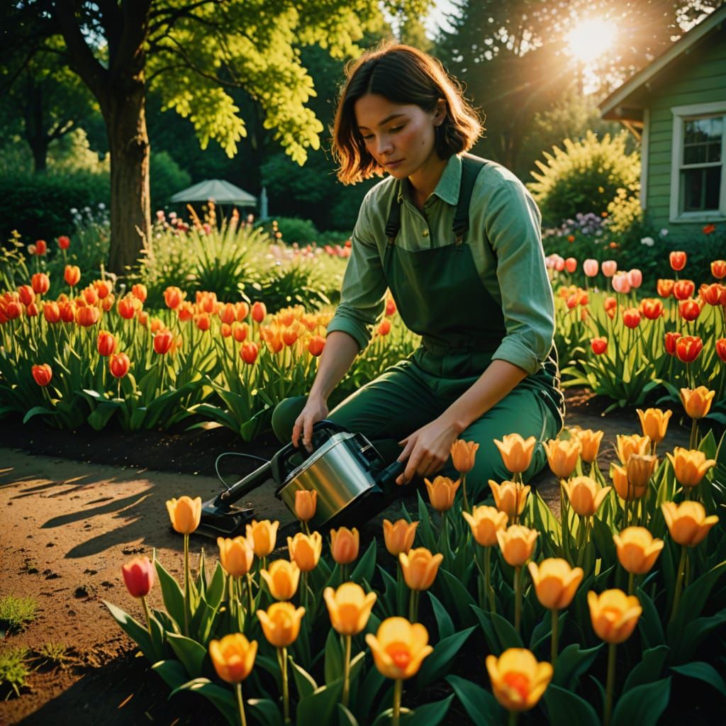 Woman in Lush Garden, Vacuuming with a Tiny Ant