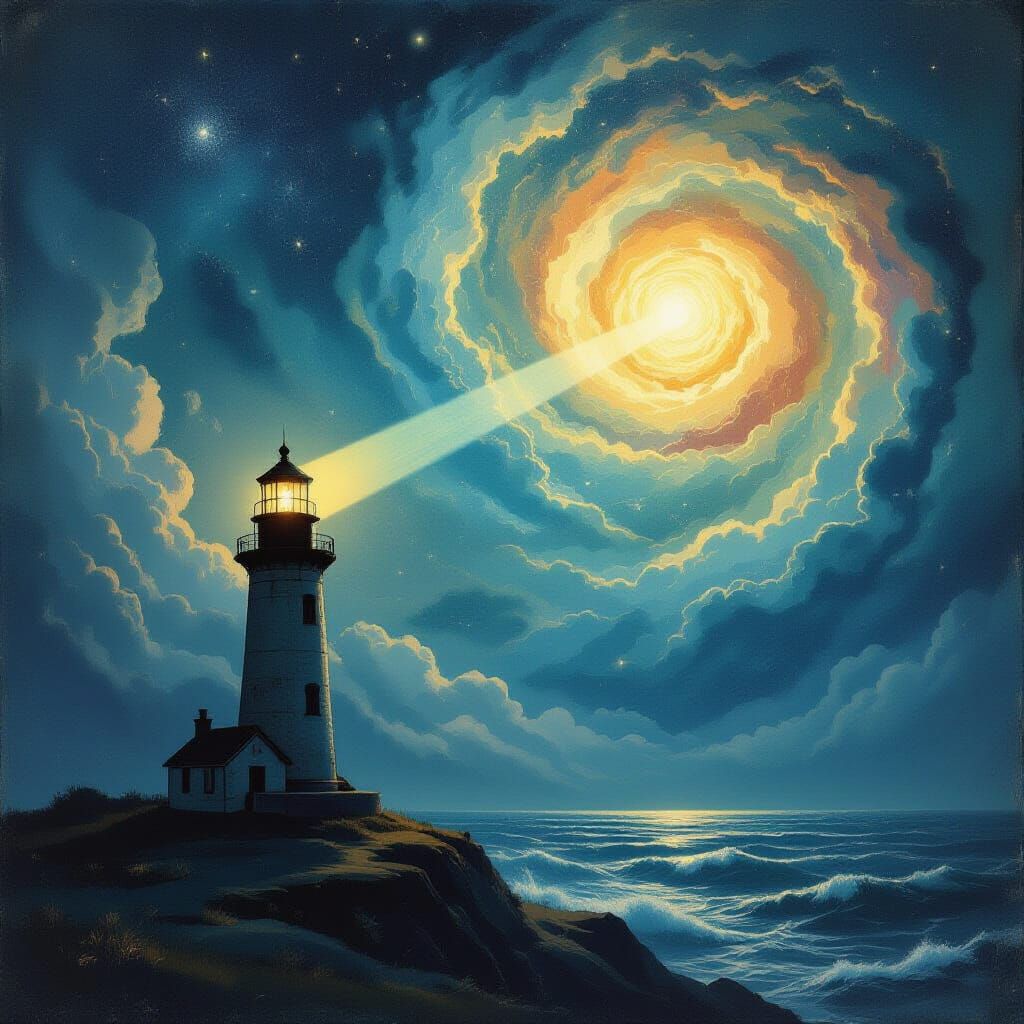 Lighthouse Keeper in Star-Dusted Cosmic Ocean