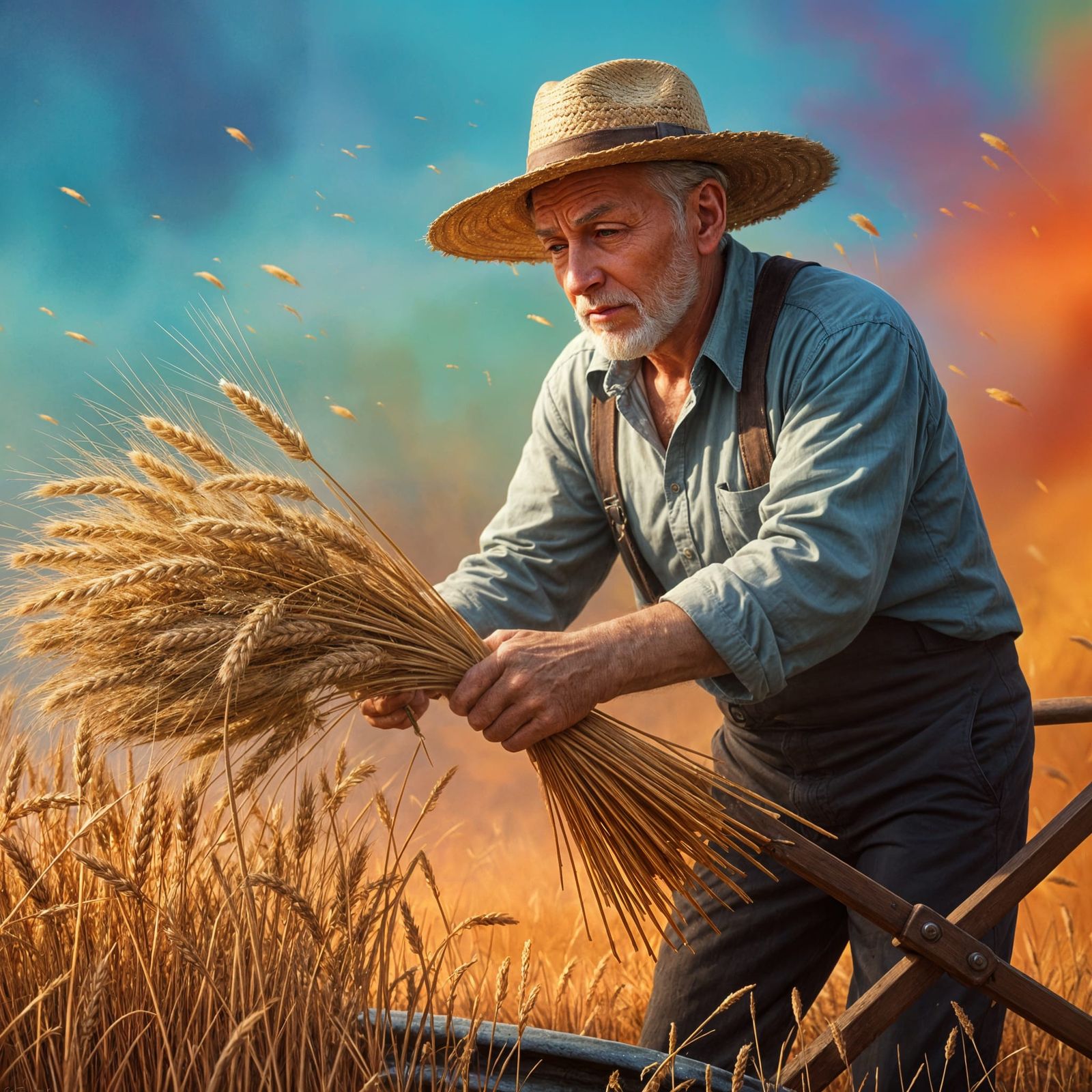 Elderly Harvester Mowing Wheat in Hyper-Realistic Art