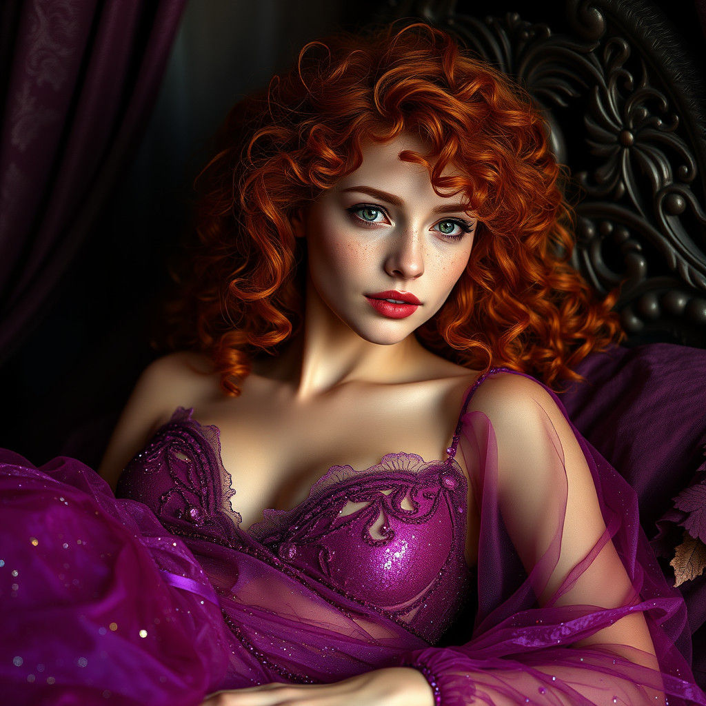 Red-Haired Woman in Gothic Bed, Art Nouveau Style