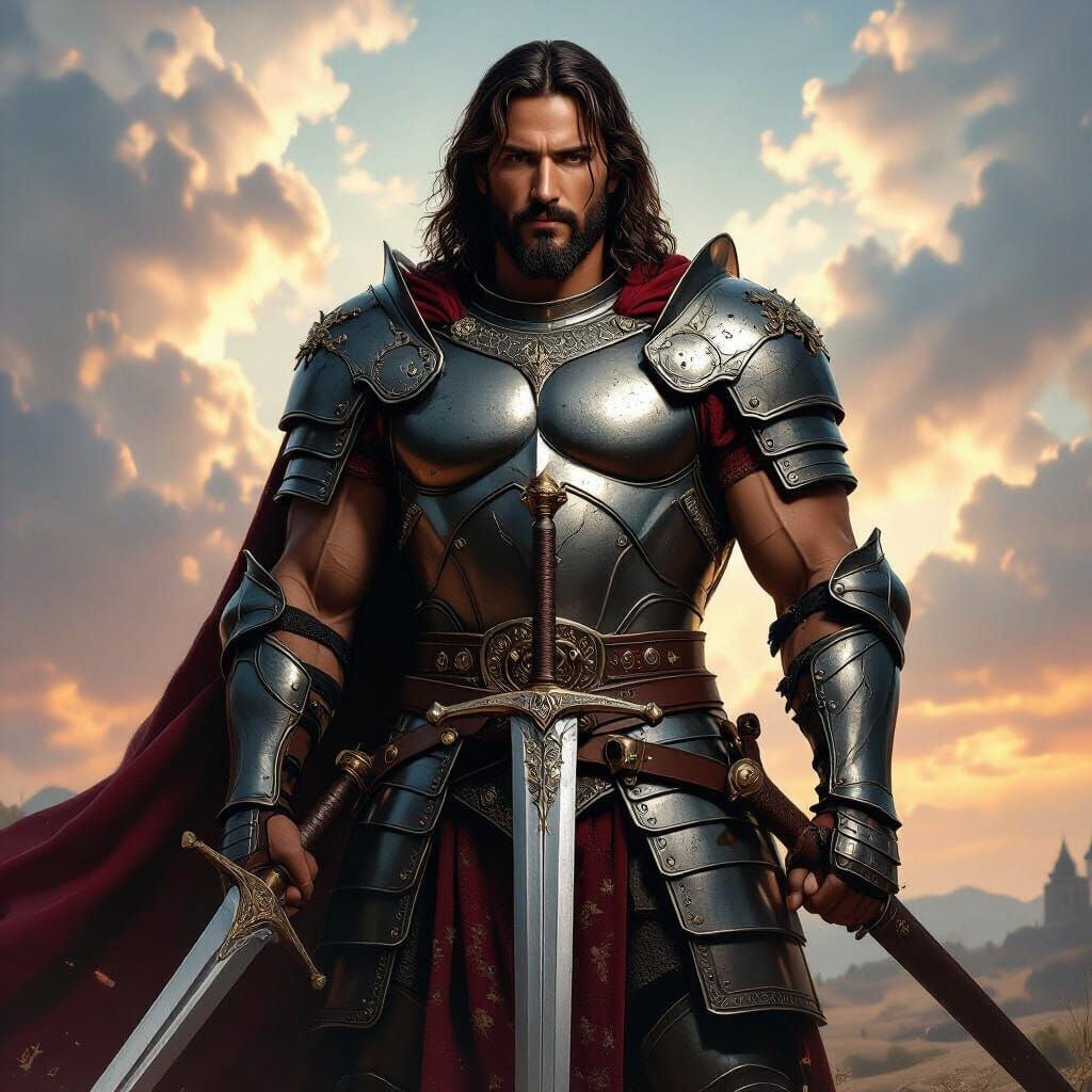 Muscular Jesus in Medieval Armor with Sword and Sky