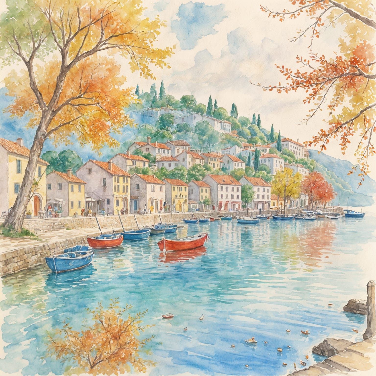 Croatian Village Harbor in Autumn, Watercolor Style