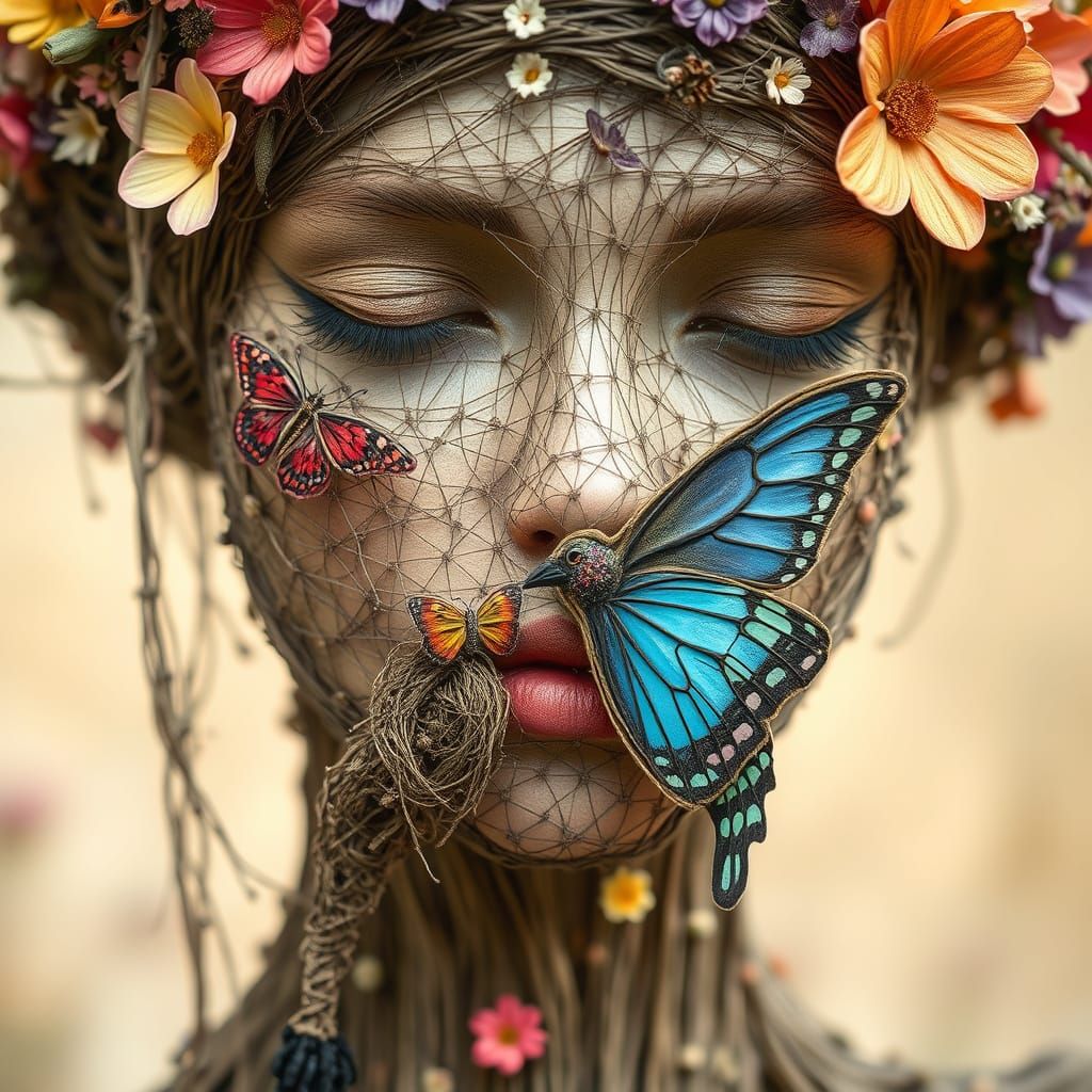 Woman of Strings Kissing Butterfly Bird