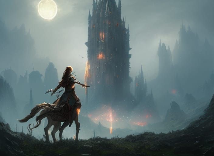 Female Knight Approaching Wizard Tower in Fantasy Art