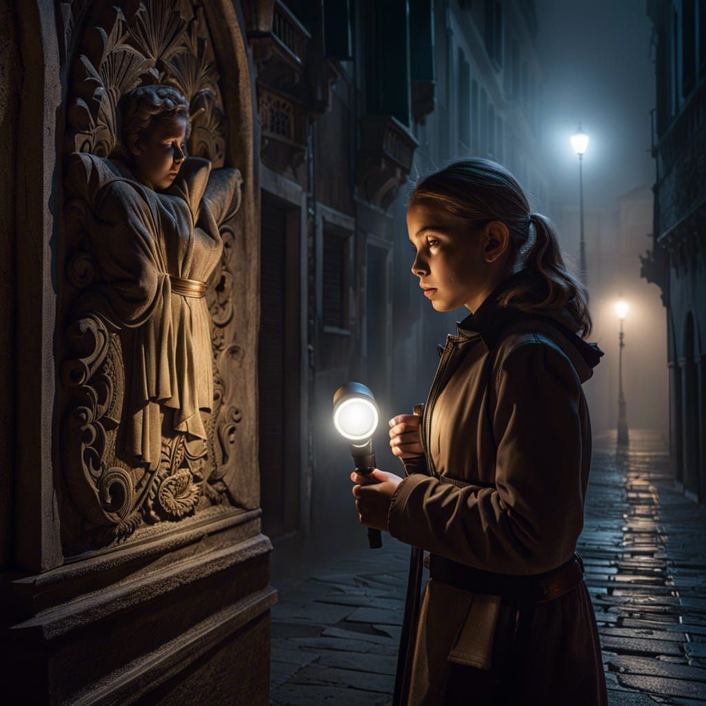 Girl Inspecting Bas-Relief in Foggy Venice Alley