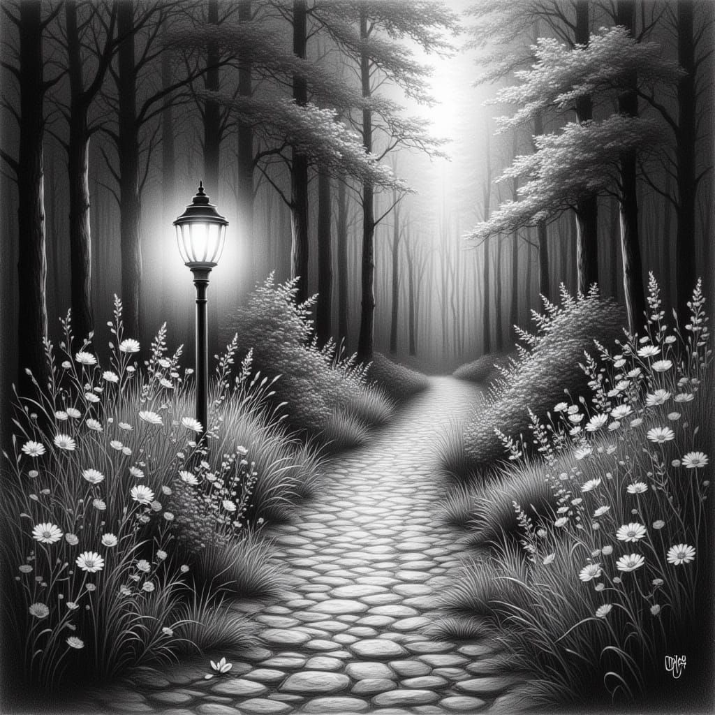 Old Lantern Glows on Cobblestone Path in Wildflower Bloom