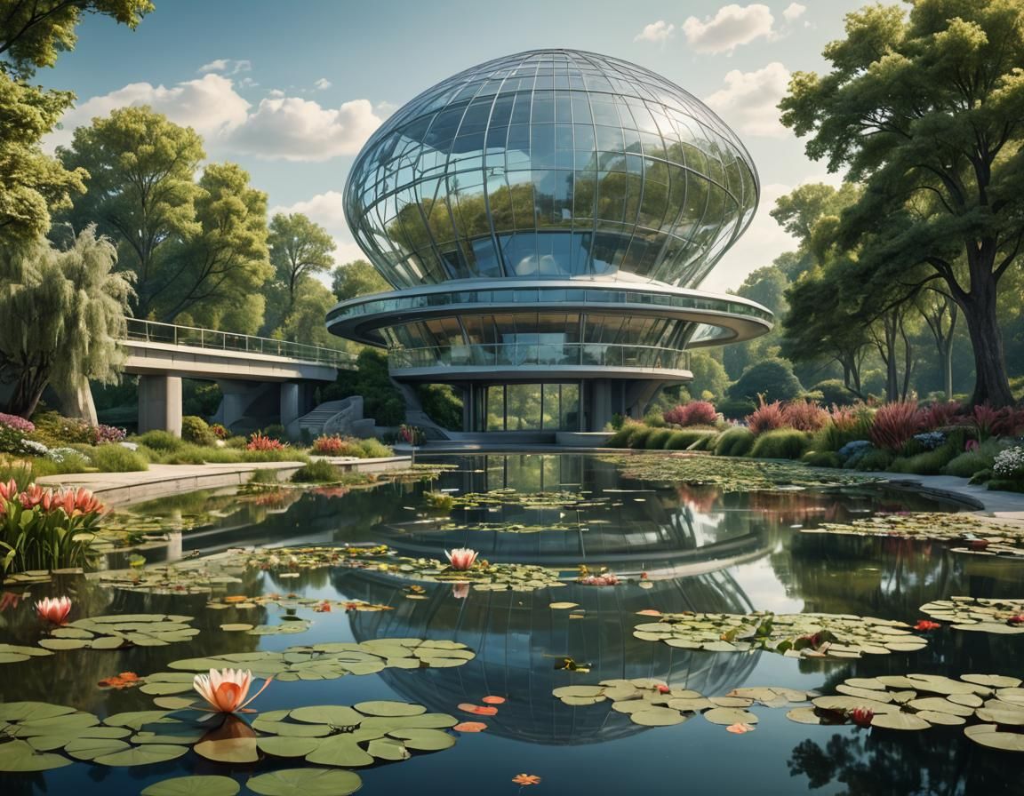 Serene Modern Landscape with Glass Building