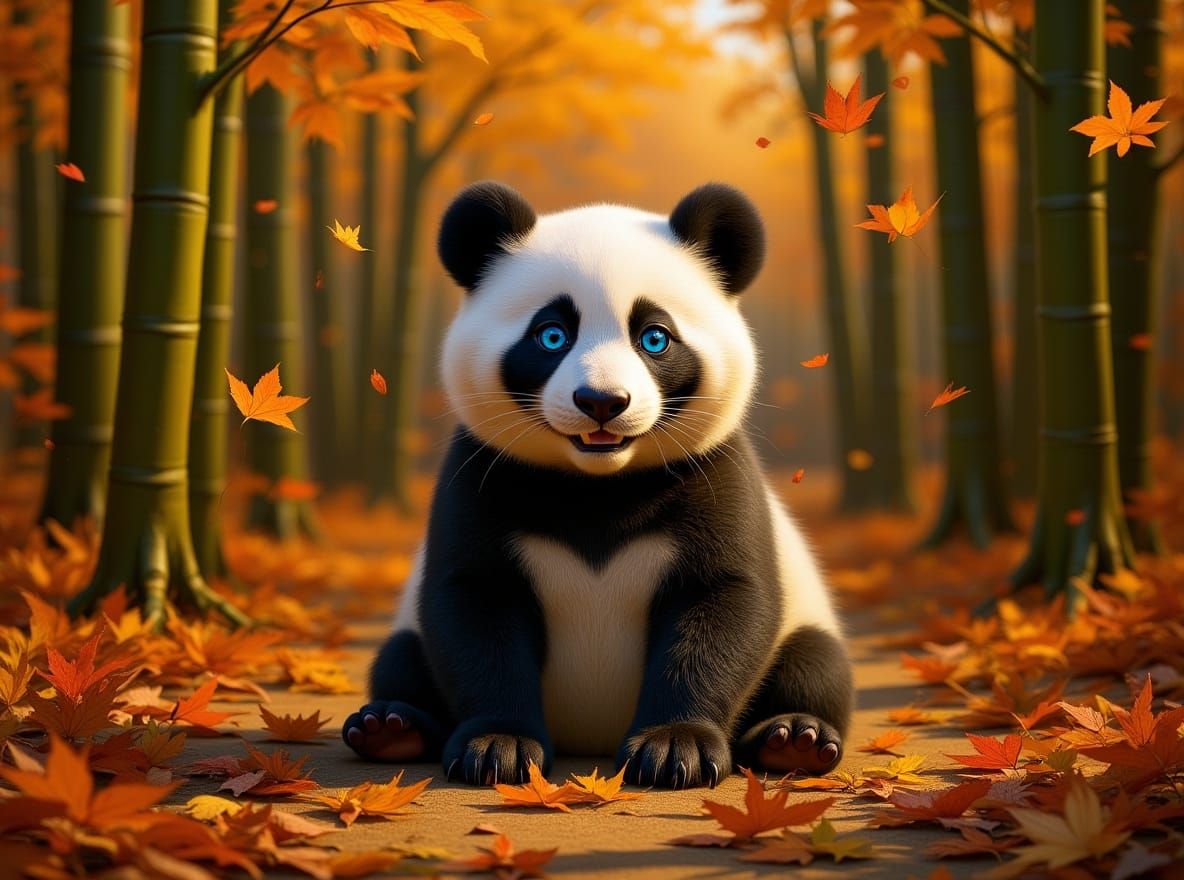 Joyful Panda Amidst Autumn Leaves in Oil Painting Style
