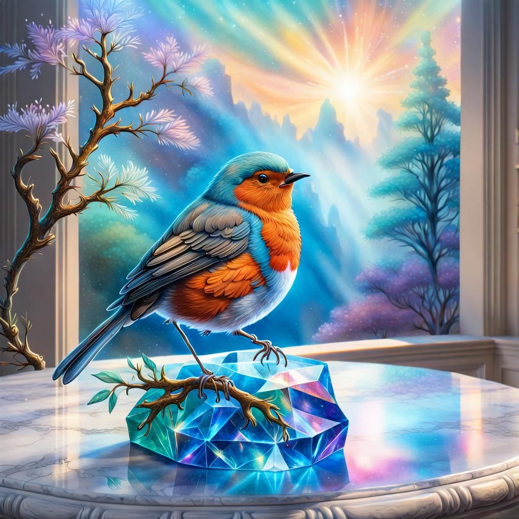 Robin on a Crystal Rock on a marble table top