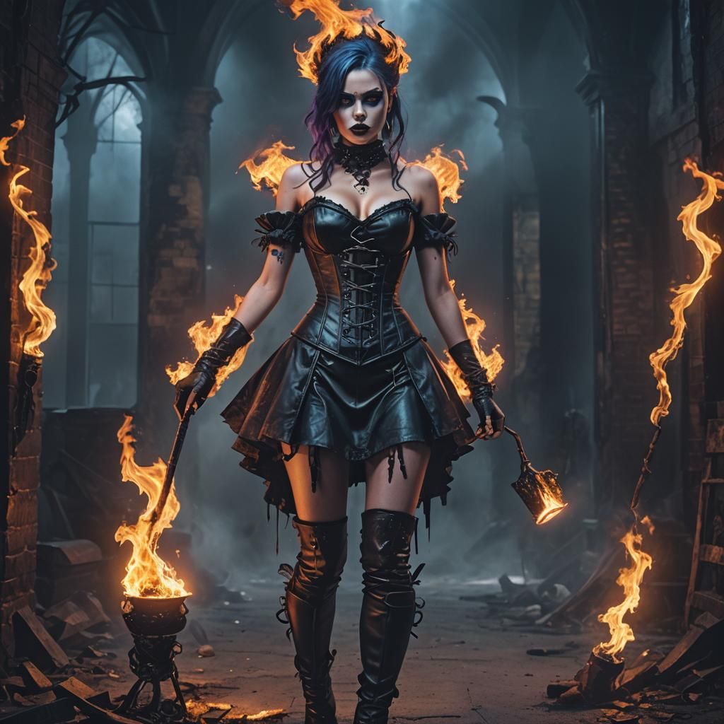 Demonic Goth Girl with Glowing Flame