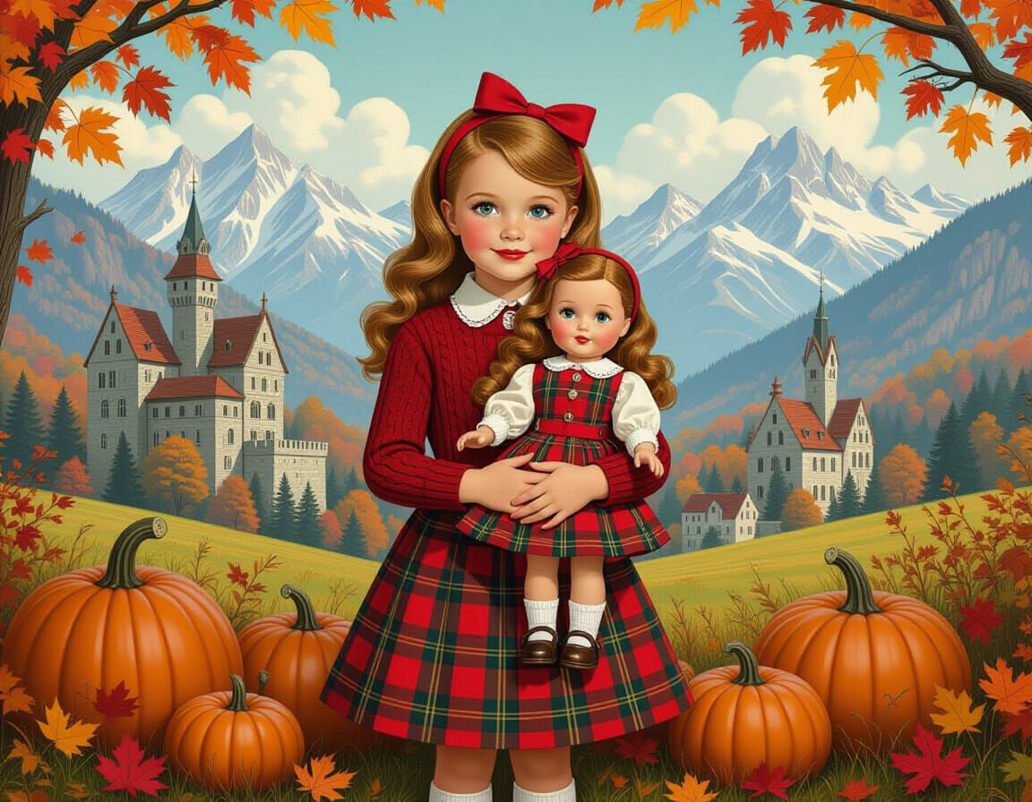 Autumn Girl with Doll in Transylvanian Landscape