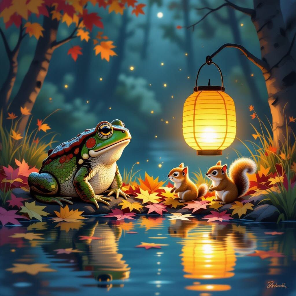 Wise Toad Watches Baby Squirrels by Autumn Pond