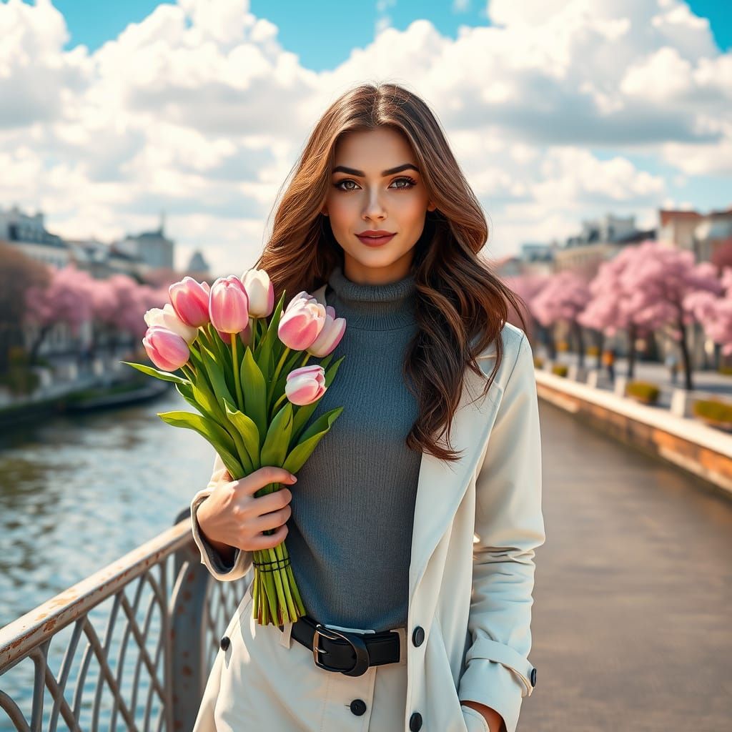 Ethereal Young Woman in Springtime Urban Landscape