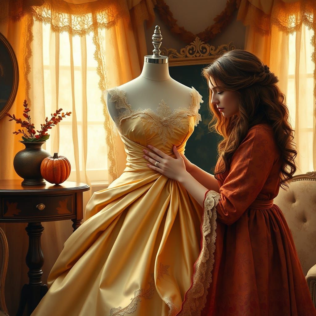 Elegant Autumn Ball Gown in Pre-Raphaelite Style