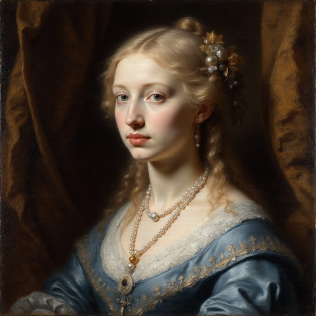 17th Century Woman in Blue, Rembrandt Style Portrait