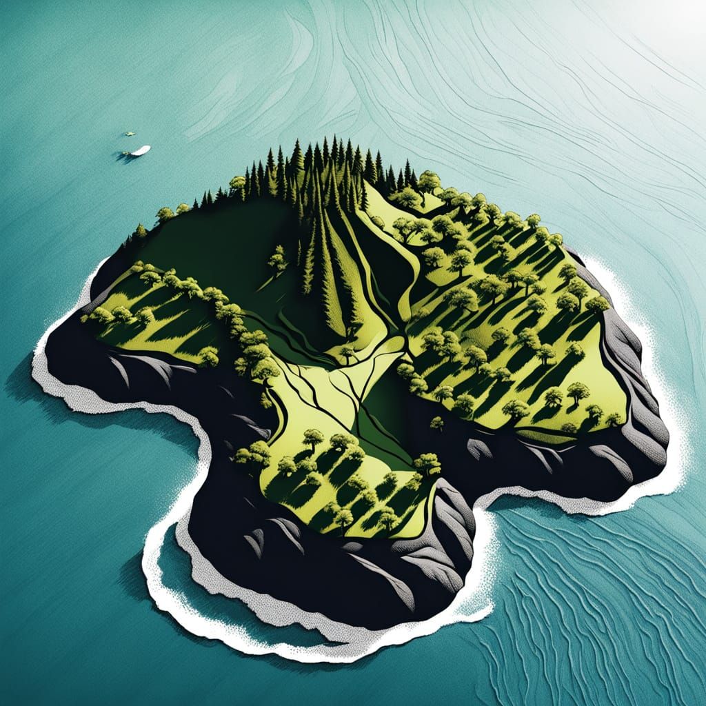 Minimalist Linocut of Desert Island From Above