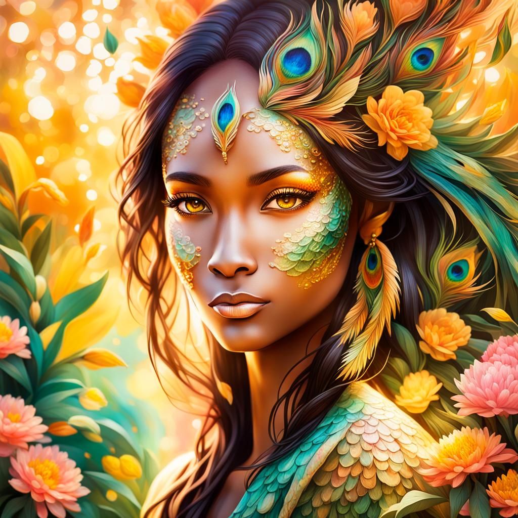 Peacock Woman in Abstract Expressionist Garden