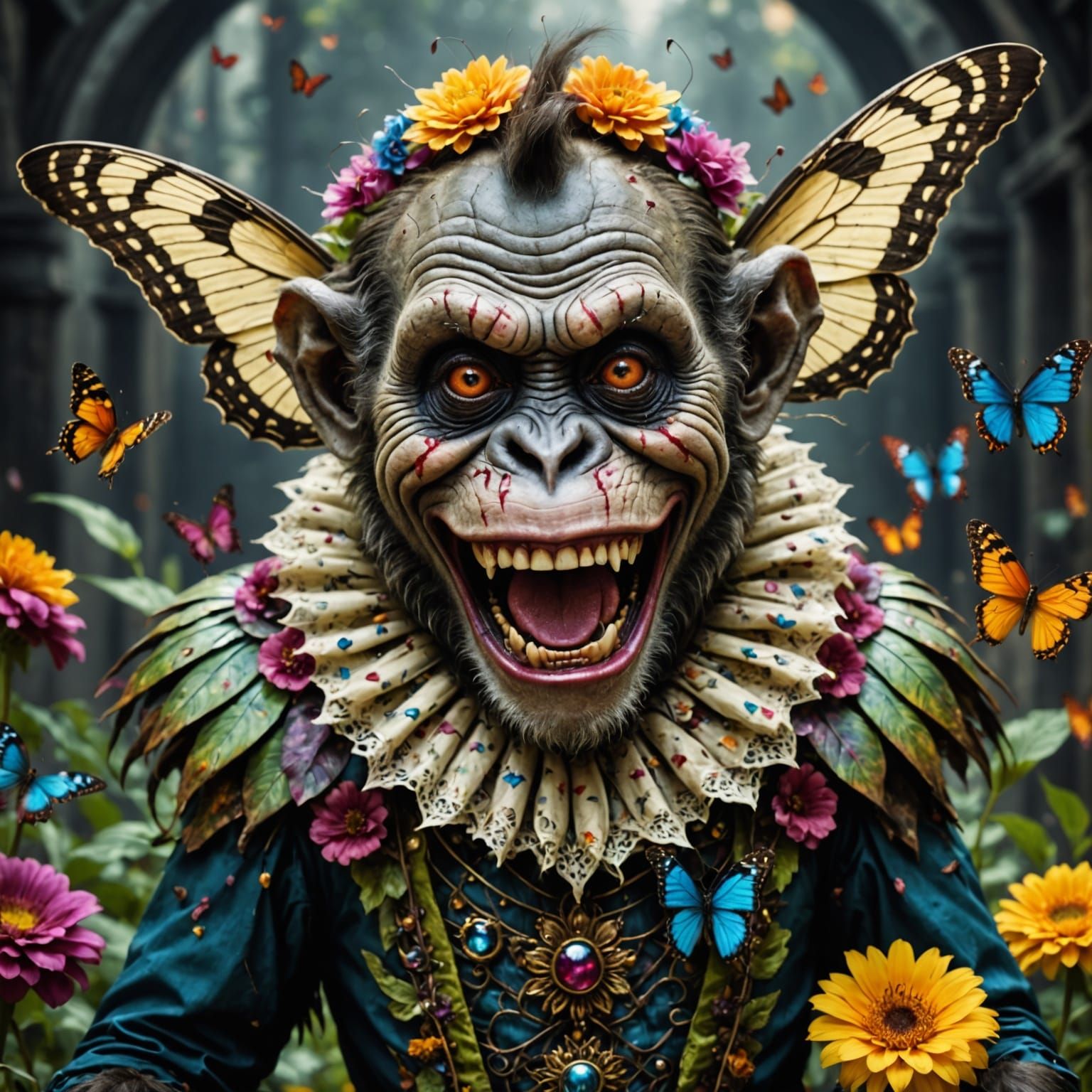 Hyperrealistic Monstrous Clown with Floral Details and Wings