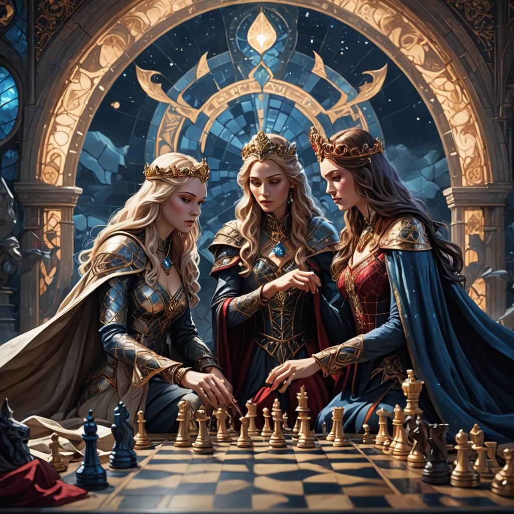 Goddesses Play Chess in Art Nouveau Style