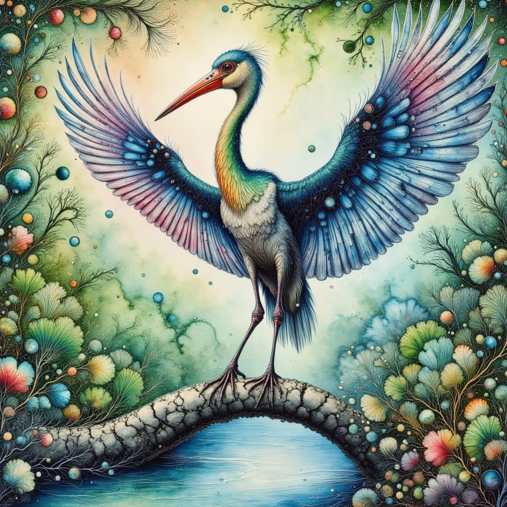 Giant Shoebill Stork-Pelican on Bridge in Surreal Watercolor...