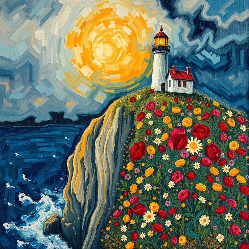 Lighthouse on Cliffside in Tachisme Style