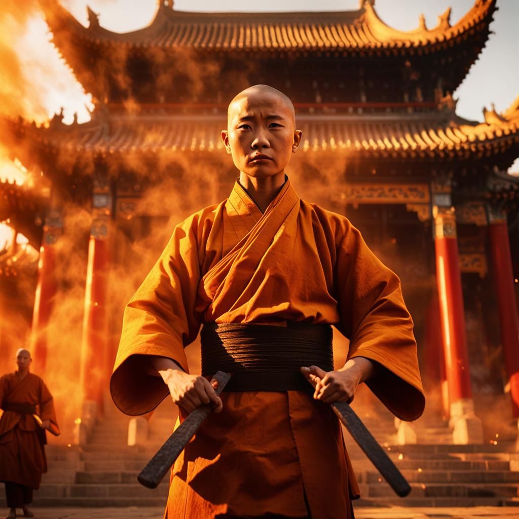 Victorious Shaolin Monk Amidst Blazing Temple