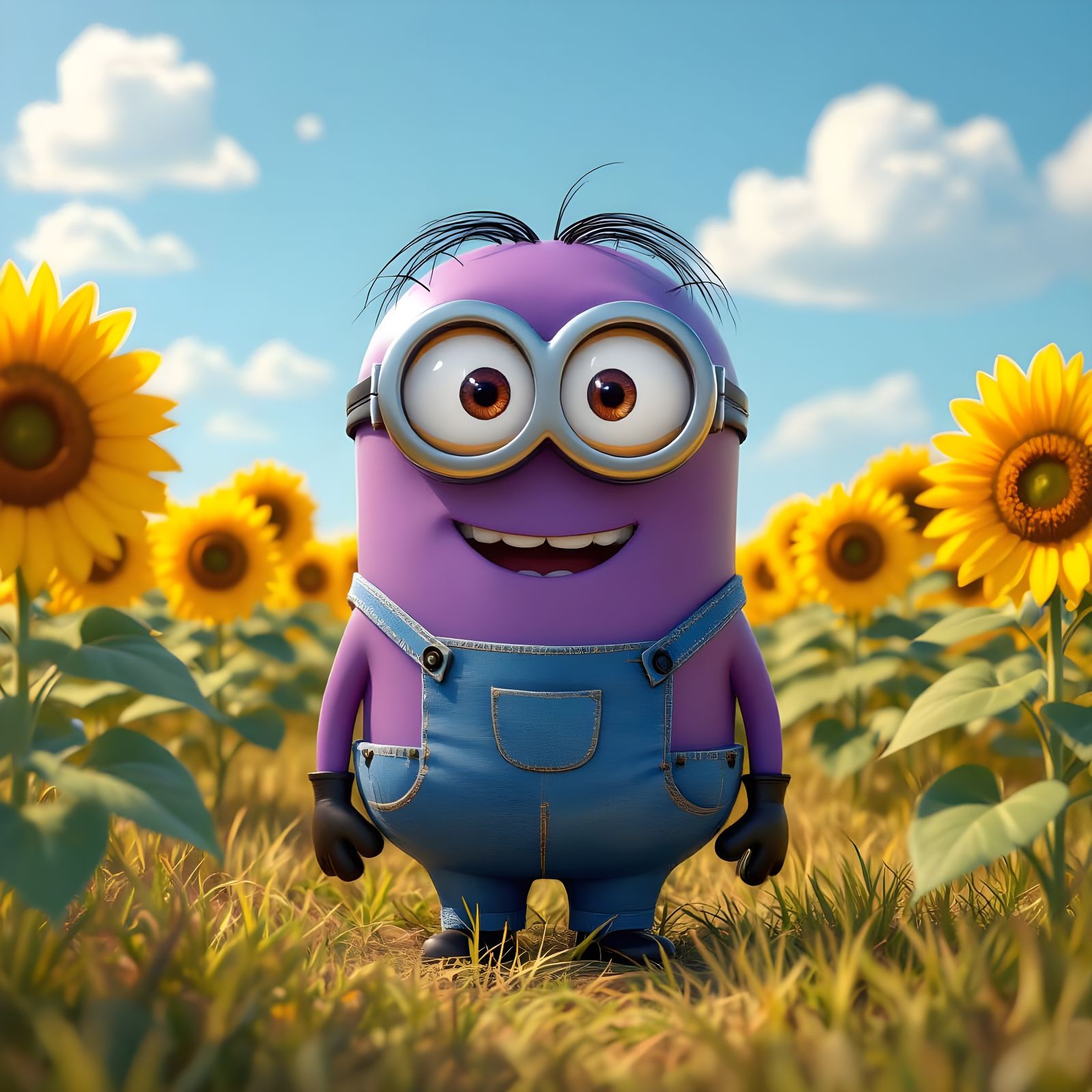 Cute Purple Minion in Sunflower Field