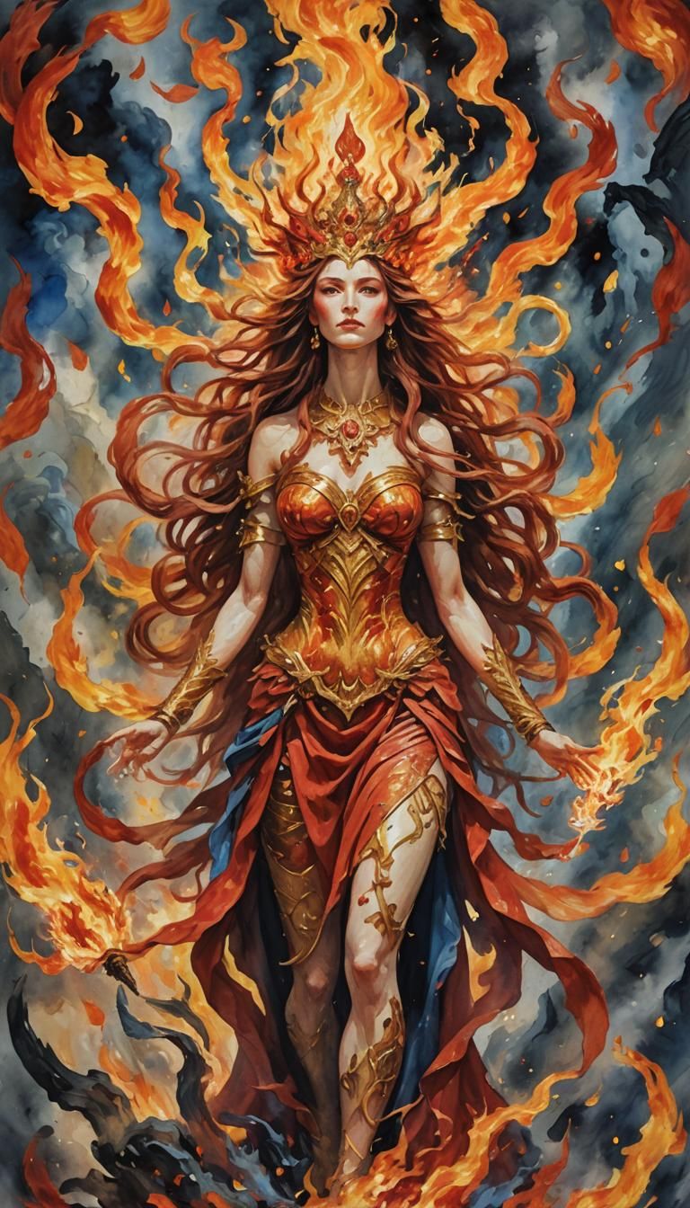 Fire Goddess Oil Painting in Gouache Style