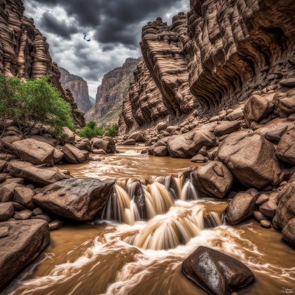 Flooded Canyon with Sharp Rocks in Hyperrealistic Style