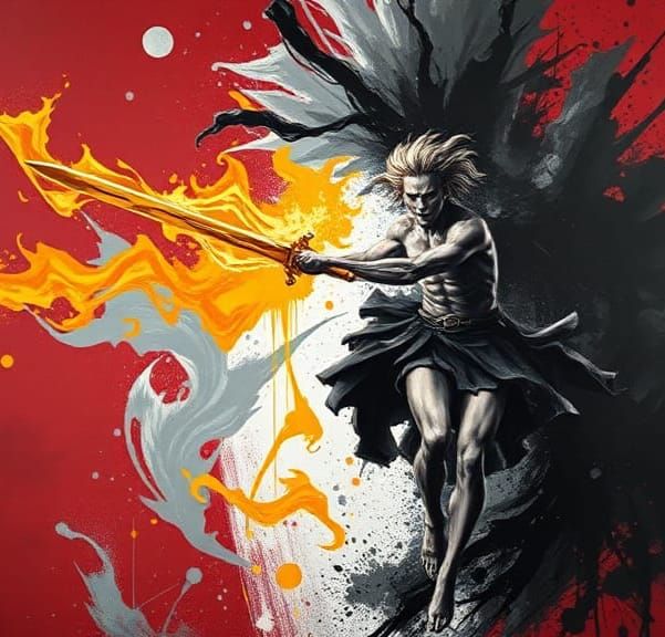 Heroic Figure Plunges Sword in Splatter Paint Art