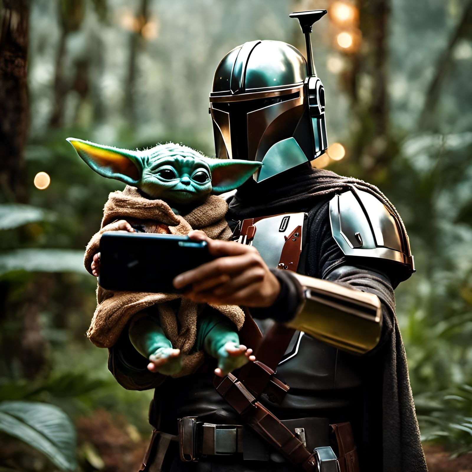 Mandalorian Selfie with Baby Yoda in Jungle