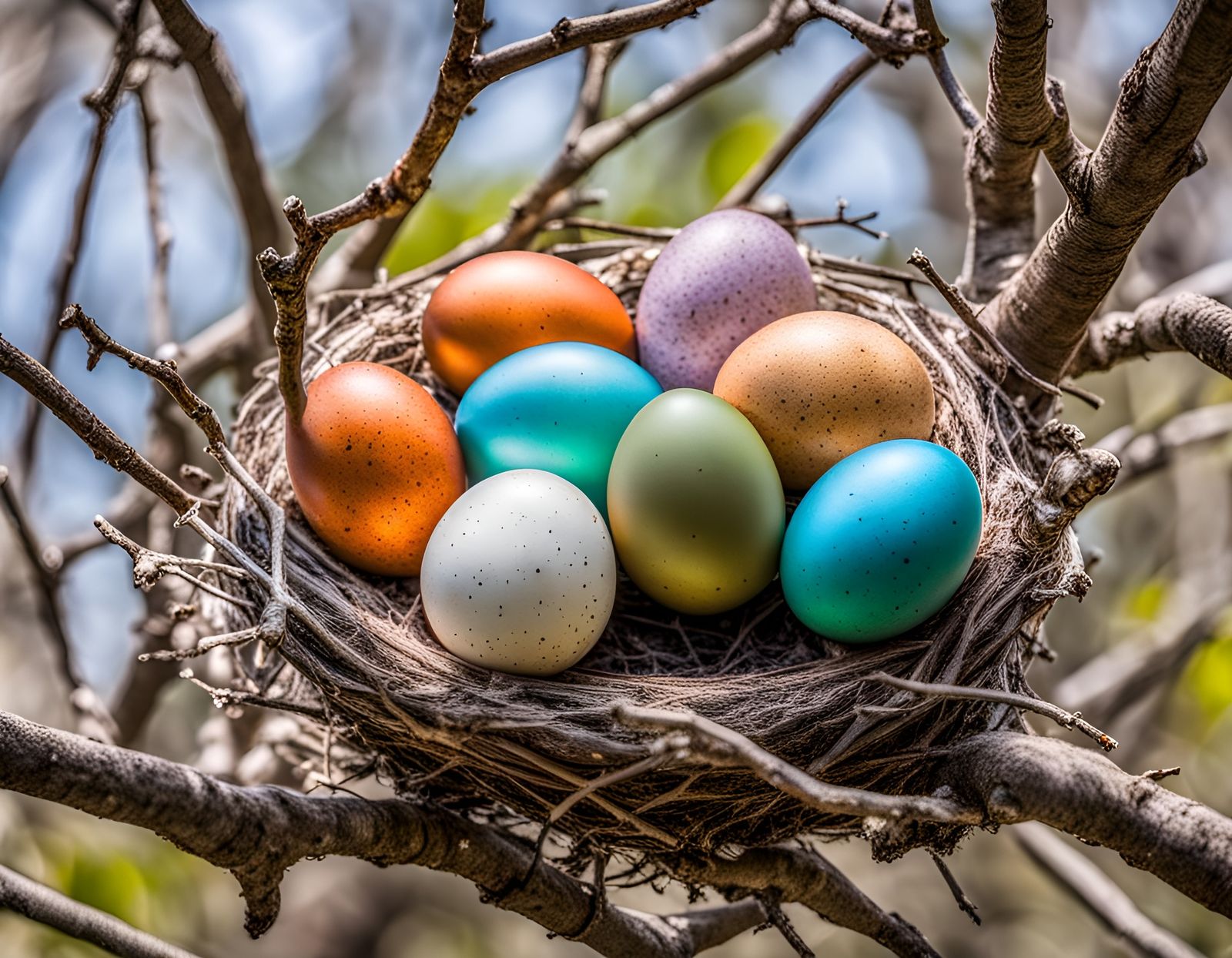 Colorful Eggs in Nest on Tree Limb