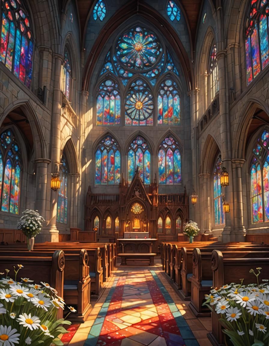 Surreal Cathedral Interior with Stained Glass in 3D Anime Ar...