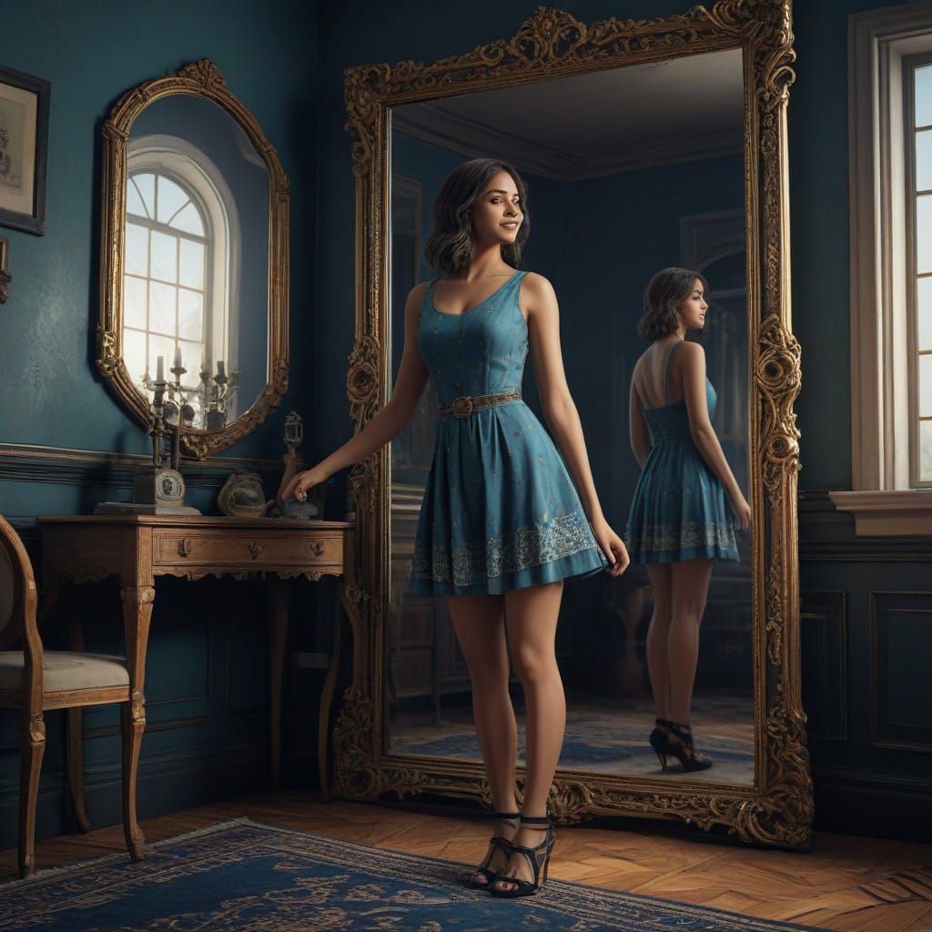 Confident Indian Teen Girl in Blue Dress Before Ornate Mirro...