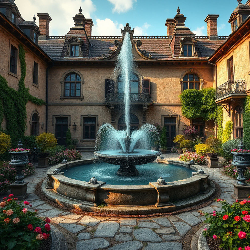 Baroque Manor Courtyard with Fountain in Matte Painting