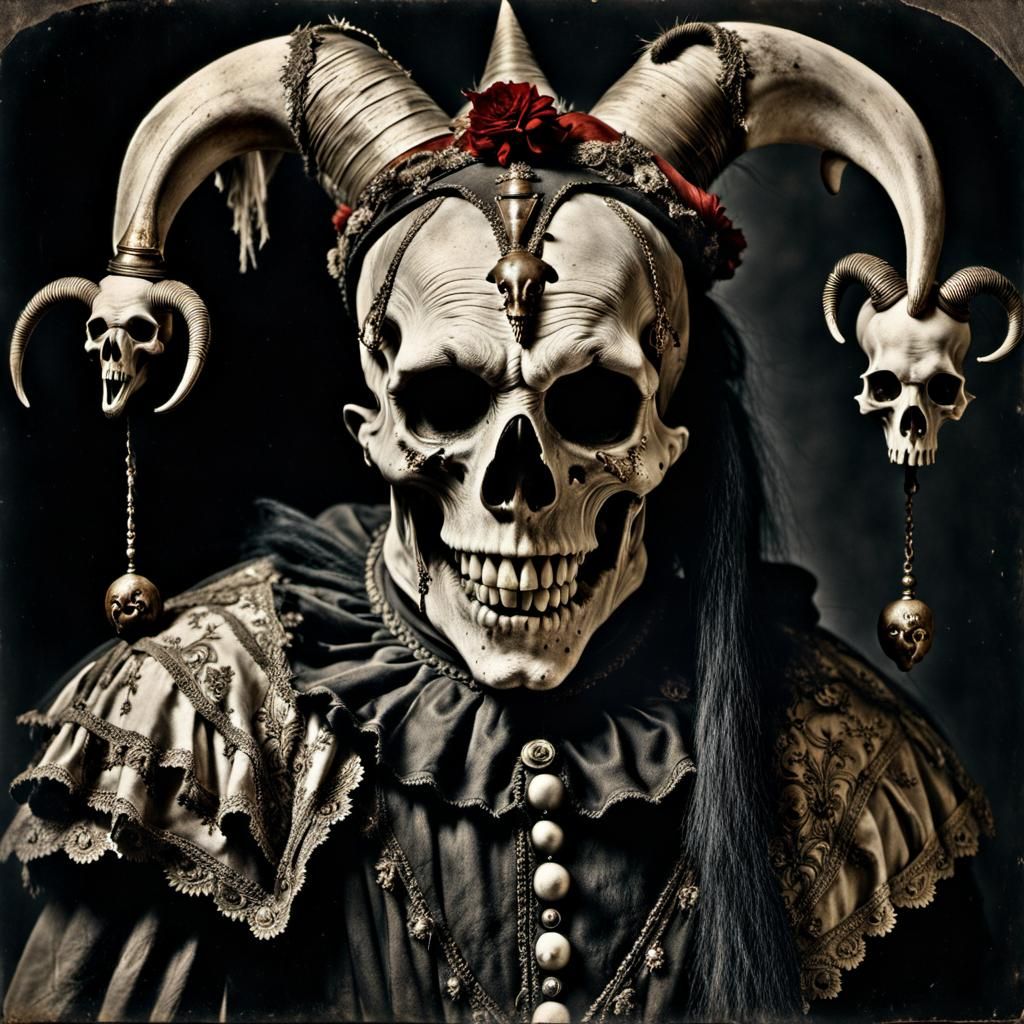 Undead Jester with Equine Skull in Gothic Art