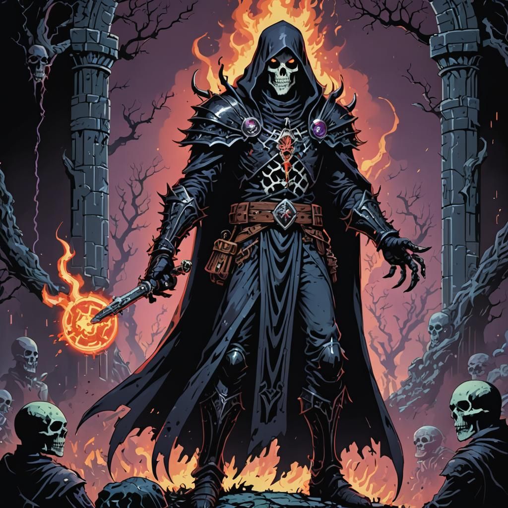 Fantasy Necromancer in 1980s Pixelated Comic Style