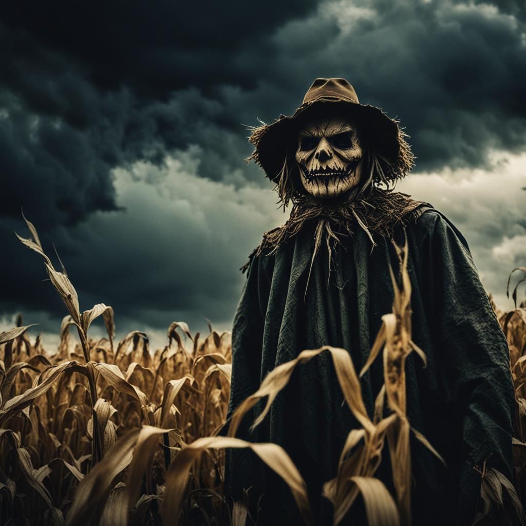 Terrifying Scarecrow Emerges from Dark Cornfield