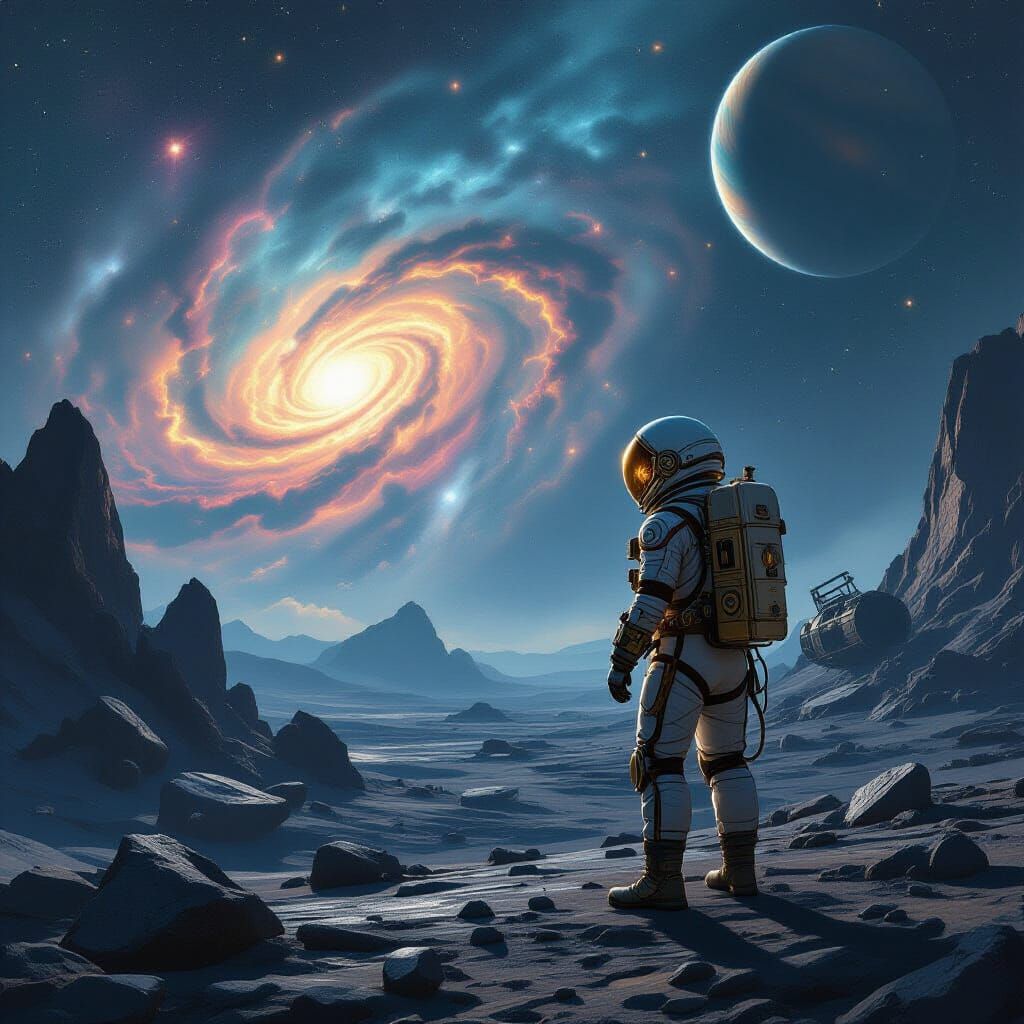 Steampunk Astronaut on Asteroid Gazing at Nebula