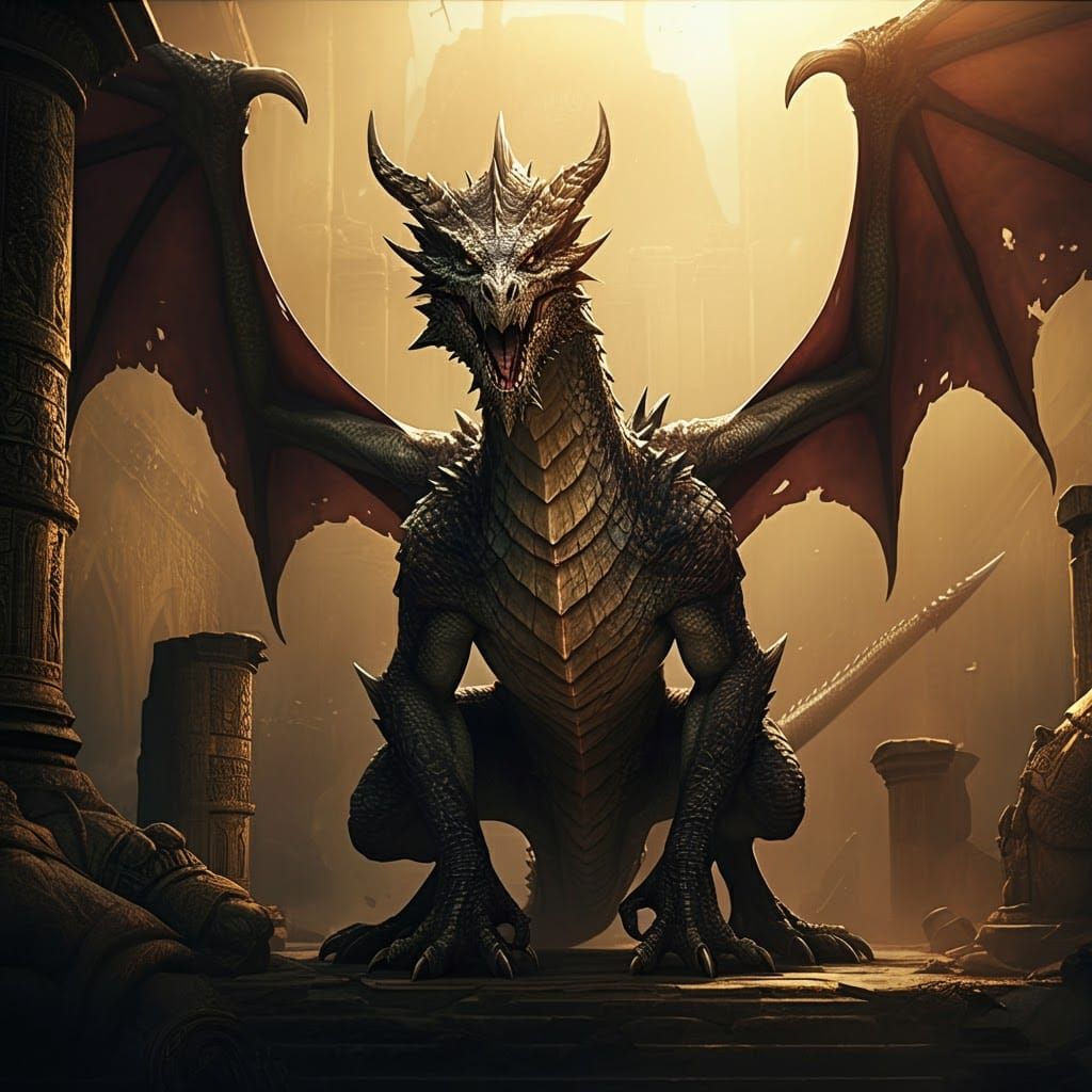 Majestic Dragon Guardian Before Ancient Temple