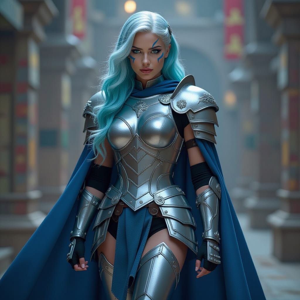 Muscular Warrior Woman in Silver Armor with Blue Accents
