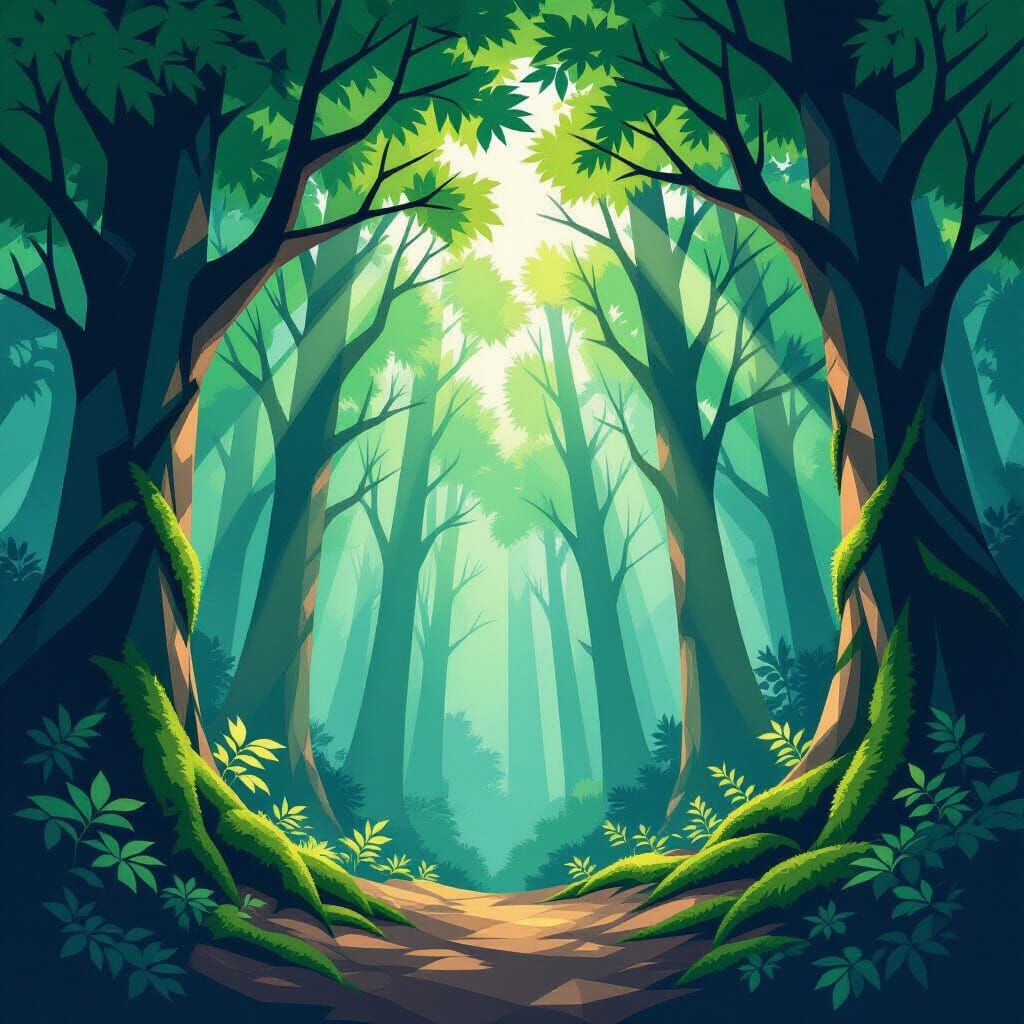Geometric Forest Canopy in Crisp Vector Art Style