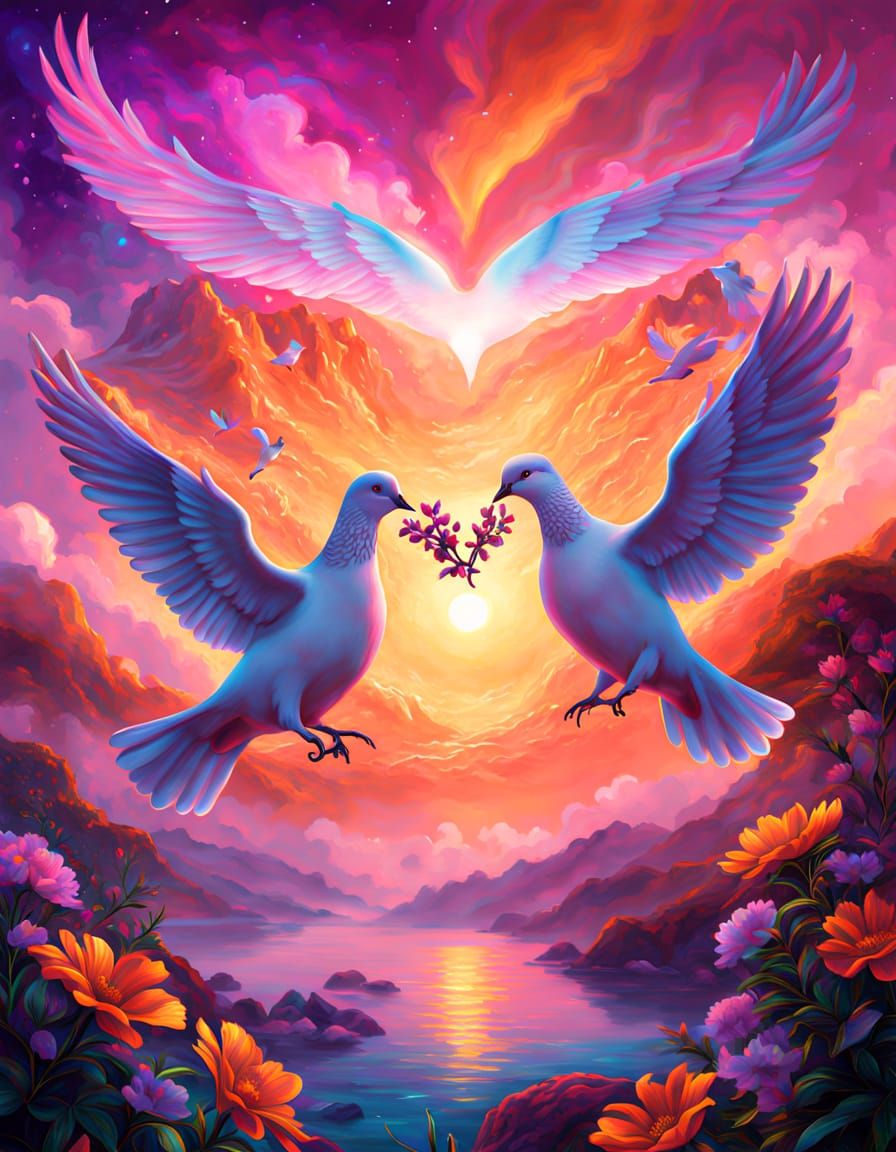 Peaceful Doves Form Heart Shape in Vibrant Sunset