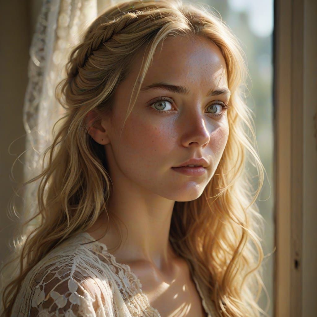 Surreal Close-Up Portrait of a Suspenseful Girl in a Sunny R...