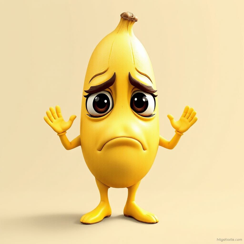 Sad Banana Cartoon Character with Hands and Feet