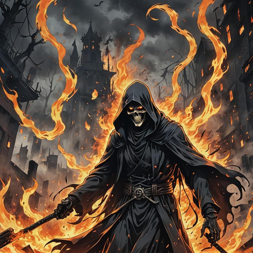 The Grim Reaper Walking Through Fire in Anime Style