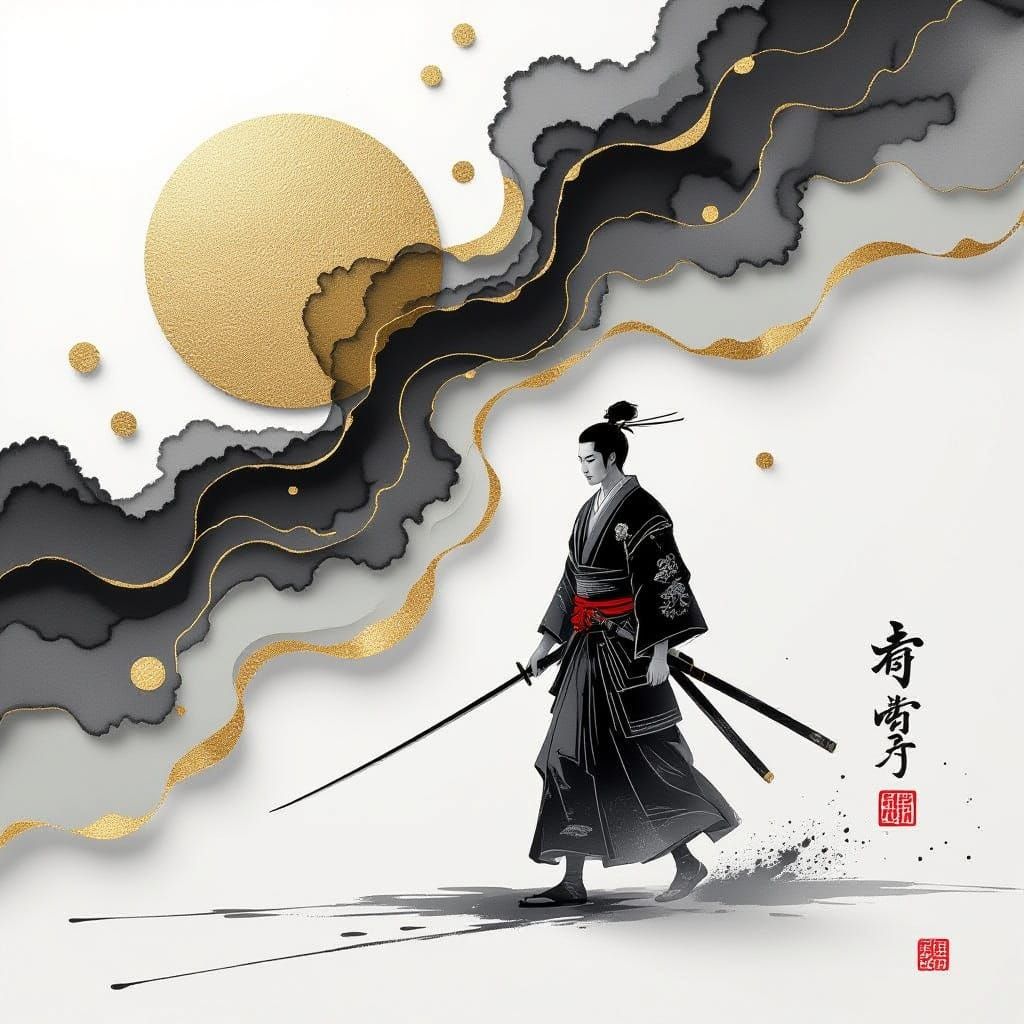 Samurai in Golden River: Sumi-e Mixed Media Art
