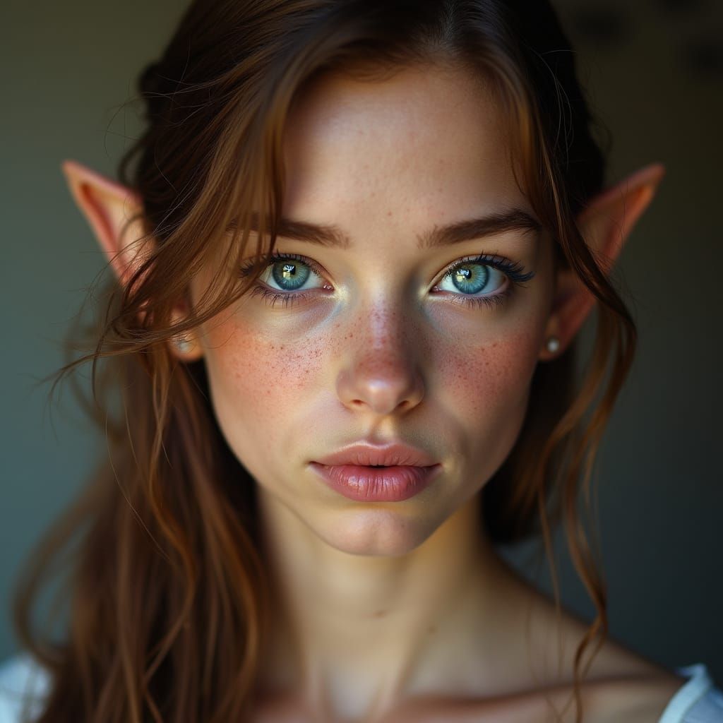 Portrait of Sapphire-Eyed Elf Girl in Photographic Style